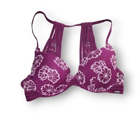 VS PINK Purple Pink Floral Lace Racerback Lightly Lined Bra - Picture 1 of 3
